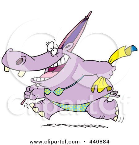 Royalty-Free (RF) Clip Art Illustration of a Cartoon Summer Hippo Running In A Bikini On A Beach by toonaday