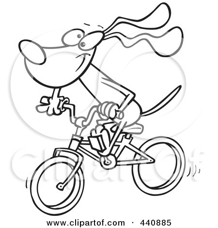 Royalty-Free (RF) Clip Art Illustration of a Cartoon Black And White Outline Design Of A Cycling Dog by toonaday