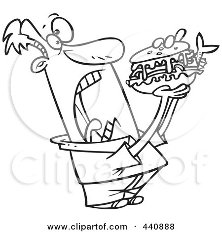 Royalty-Free (RF) Clip Art Illustration of a Cartoon Black And White Outline Design Of A Man Opening Wide For A Sandwich by toonaday