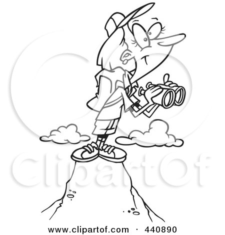 Royalty-Free (RF) Clip Art Illustration of a Cartoon Black And White Outline Design Of A Female Hiker On Top Of A Mountain With Binoculars by toonaday
