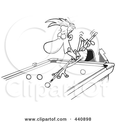 Royalty-Free (RF) Clip Art Illustration of a Cartoon Black And White Outline Design Of A Man Leaning Over A Billiards Table by toonaday