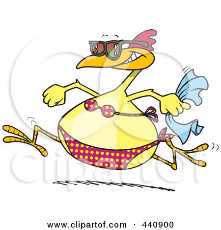 Royalty-Free (RF) Clip Art Illustration of a Cartoon Summer Chicken Running In A Bikini On A Beach by toonaday