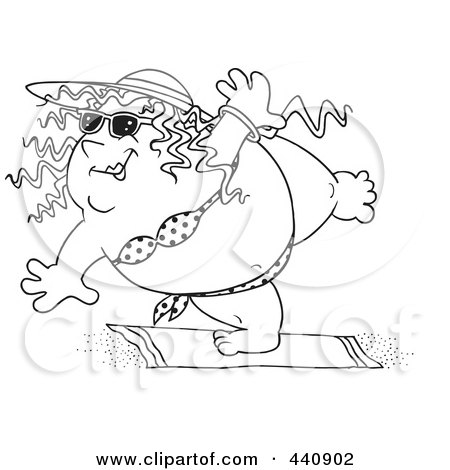 Royalty-Free (RF) Clip Art Illustration of a Cartoon Black And White Outline Design Of A Fat Woman Doing Yoga In Her Bikini by toonaday