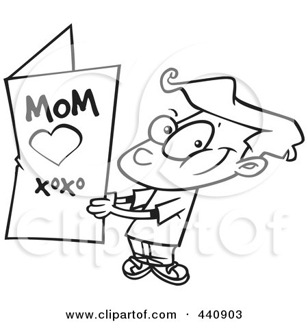 Royalty-Free (RF) Clip Art Illustration of a Cartoon Black And White Outline Design Of A Boy Holding A Mothers Day Card by toonaday
