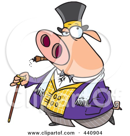 Royalty-Free (RF) Clip Art Illustration of a Cartoon Pig Smoking A Cigar And Walking With A Cane by toonaday