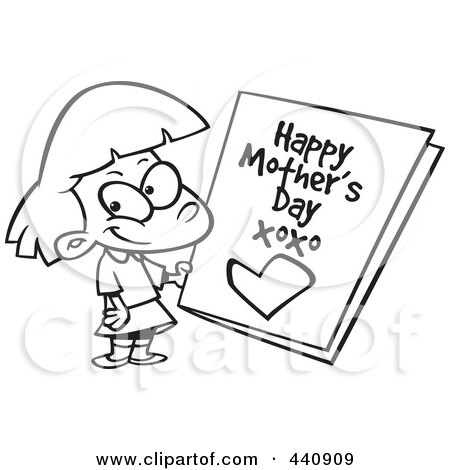 Royalty-Free (RF) Clip Art Illustration of a Cartoon Black And White Outline Design Of A Girl Holding A Mothers Day Card by toonaday