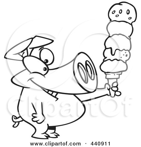 Royalty-Free (RF) Clip Art Illustration of a Cartoon Black And White Outline Design Of A Pig Holding A Big Ice Cream Cone by toonaday