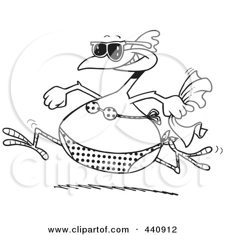 Royalty-Free (RF) Clip Art Illustration of a Cartoon Black And White Outline Design Of A Summer Chicken Running In A Bikini On A Beach by toonaday