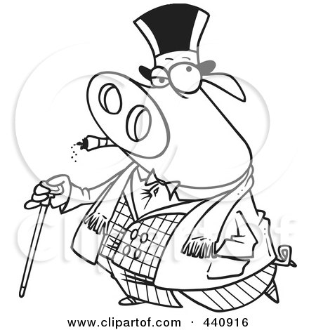 Royalty-Free (RF) Clip Art Illustration of a Cartoon Black And White Outline Design Of A Pig Smoking A Cigar And Walking With A Cane by toonaday