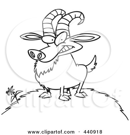 Royalty-Free (RF) Clip Art Illustration of a Cartoon Black And White Outline Design Of A Billy Goat On A Hill by toonaday