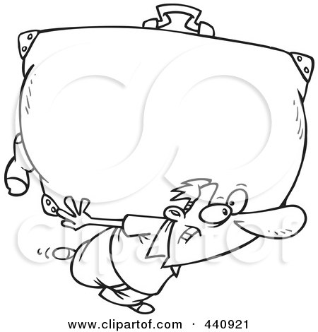 Royalty-Free (RF) Clip Art Illustration of a Cartoon Black And White Outline Design Of A Man Carrying A Big Suitcase by toonaday