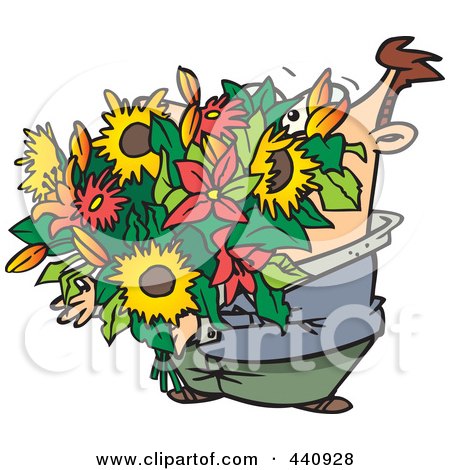 Royalty-Free (RF) Clip Art Illustration of a Cartoon Romantic Man Carrying A Big Bouquet by toonaday