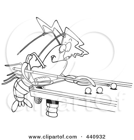 Royalty-Free (RF) Clip Art Illustration of a Cartoon Black And White Outline Design Of A Crawdad Leaning Over A Billiards Table by toonaday