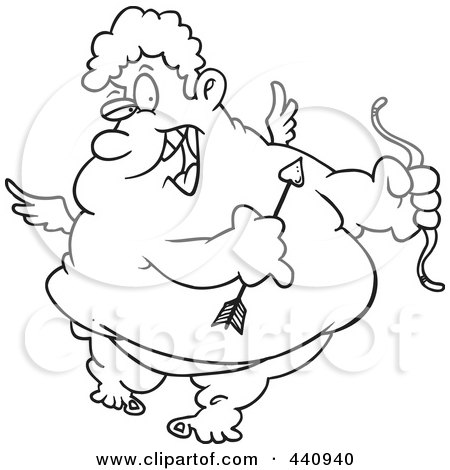 Royalty-Free (RF) Clip Art Illustration of a Cartoon Black And White Outline Design Of A Big Cupid Holding A Bow And Arrow by toonaday