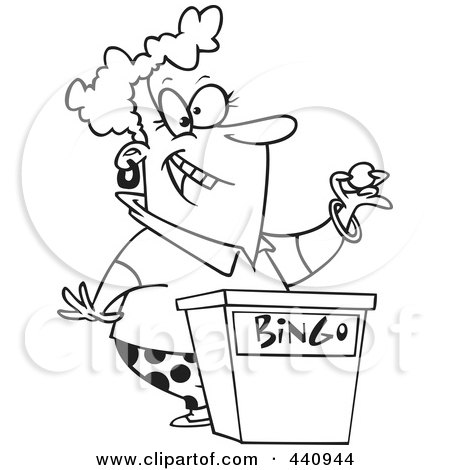 Royalty-Free (RF) Clip Art Illustration of a Cartoon Black And White Outline Design Of A Woman Calling Bingo Numbers by toonaday