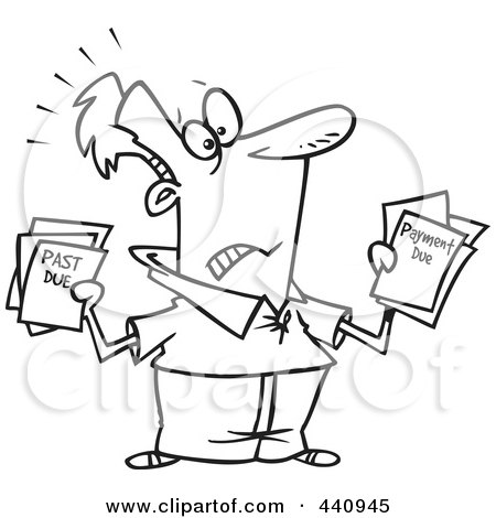 Royalty-Free (RF) Clip Art Illustration of a Cartoon Black And White Outline Design Of A Stressed Man Holding Past Due Bills by toonaday