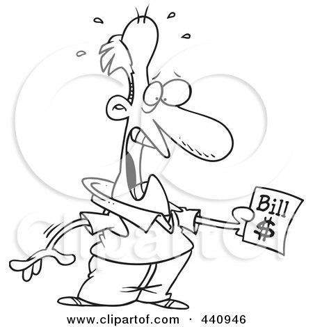 Royalty-Free (RF) Clip Art Illustration of a Cartoon Black And White Outline Design Of A Shocked Man Holding A Bill by toonaday