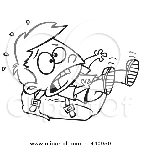 Royalty-Free (RF) Clip Art Illustration of a Cartoon Black And White Outline Design Of A School Boy Falling On A Heavy Backpack by toonaday
