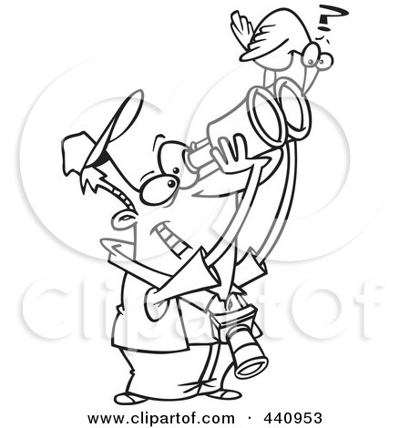 Royalty-Free (RF) Clip Art Illustration of a Cartoon Black And White Outline Design Of A Bird Sitting On A Man's Binoculars by toonaday