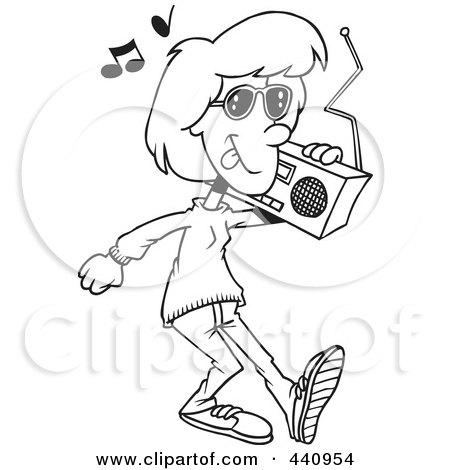 Royalty-Free (RF) Clip Art Illustration of a Cartoon Black And White Outline Design Of A Woman Carrying A Boom Box by toonaday