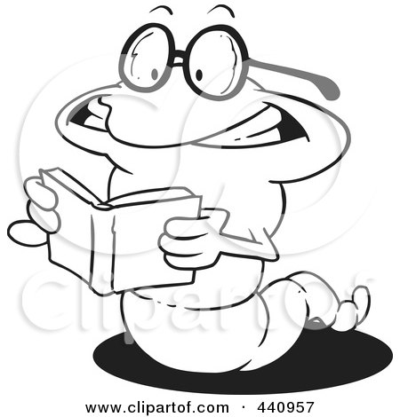 Royalty-Free (RF) Clip Art Illustration of a Cartoon Black And White Outline Design Of A Worm Reading A Book by toonaday