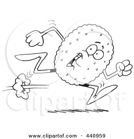 Royalty-Free (RF) Clip Art Illustration of a Cartoon Black And White Outline Design Of A Running Biscuit by toonaday