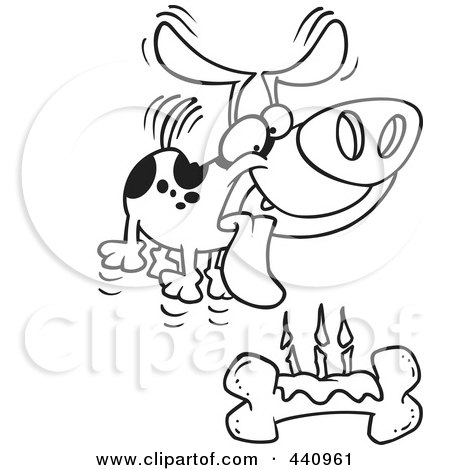 Royalty-Free (RF) Clip Art Illustration of a Cartoon Black And White Outline Design Of A Birthday Dog With A Bone Cake by toonaday