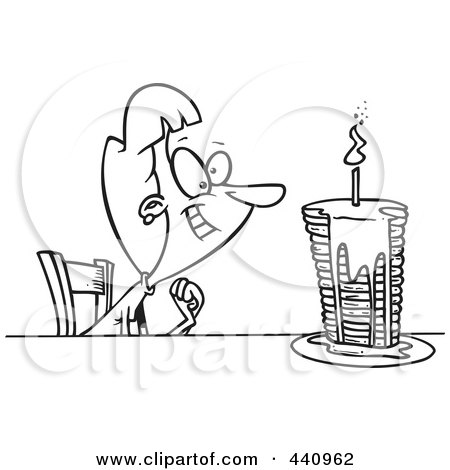 Royalty-Free (RF) Clip Art Illustration of a Cartoon Black And White Outline Design Of A Birthday Woman With A Stack Of Pancakes by toonaday