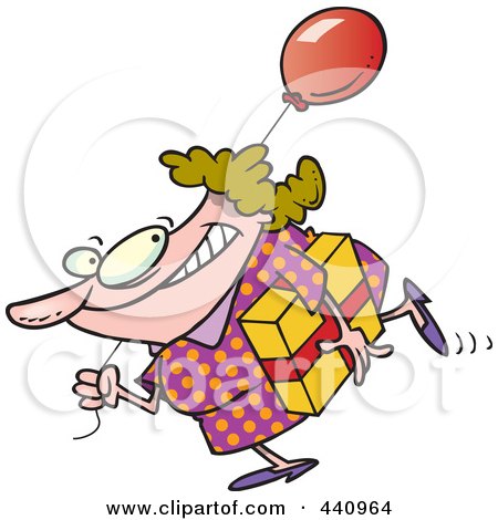 Royalty-Free (RF) Clip Art Illustration of a Cartoon Woman Carrying A Birthday Gift And Balloon by toonaday