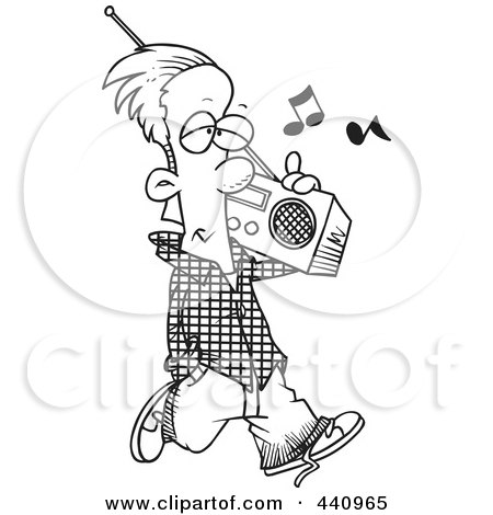 Royalty-Free (RF) Clip Art Illustration of a Cartoon Black And White Outline Design Of A Man Carrying A Boom Box by toonaday
