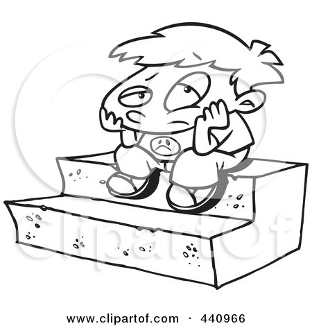 Royalty-Free (RF) Clip Art Illustration of a Cartoon Black And White Outline Design Of A Bored Boy Sitting On Steps by toonaday
