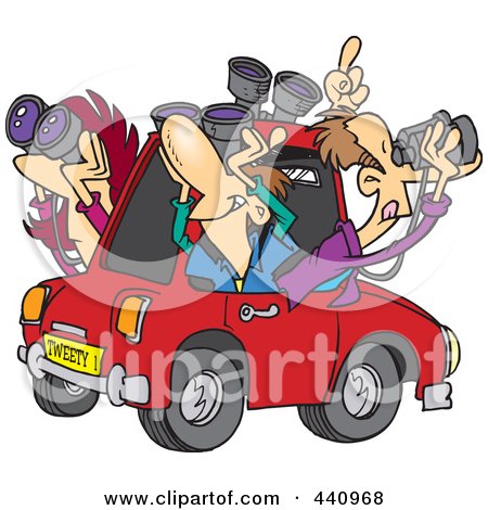 Royalty-Free (RF) Clip Art Illustration of a Cartoon Group Of Birders Using Binoculars In A Car by toonaday