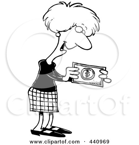 Royalty-Free (RF) Clip Art Illustration of a Cartoon Black And White Outline Design Of A Businesswoman Holding A Cash Bonus by toonaday