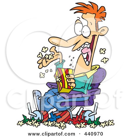 Royalty-Free (RF) Clip Art Illustration of a Cartoon Man Pigging Out And Making A Mess In The Movie Theater by toonaday