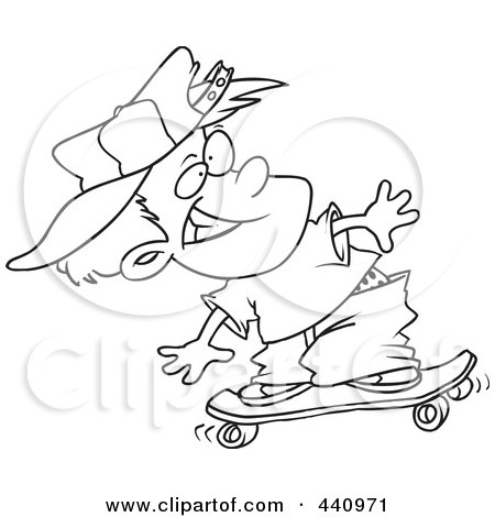 Royalty-Free (RF) Clip Art Illustration of a Cartoon Black And White Outline Design Of A Boy Skateboarding by toonaday