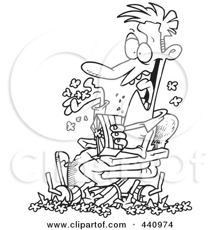 Royalty-Free (RF) Clip Art Illustration of a Cartoon Black And White Outline Design Of A Man Pigging Out And Making A Mess In The Movie Theater by toonaday