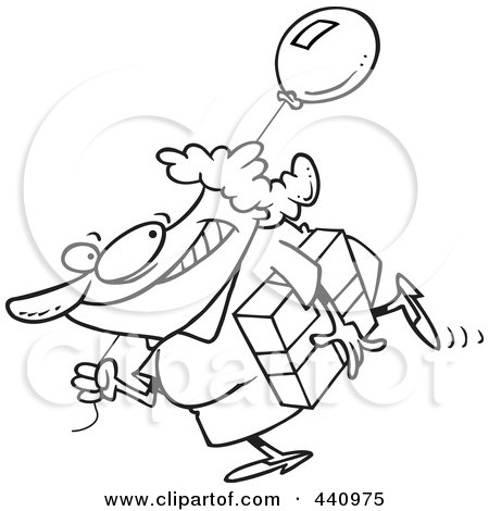 Royalty-Free (RF) Clip Art Illustration of a Cartoon Black And White Outline Design Of A Woman Carrying A Birthday Gift And Balloon by toonaday