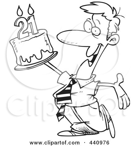 Royalty-Free (RF) Clip Art Illustration of a Cartoon Black And White Outline Design Of A Birthday Man Holding Up A Cake by toonaday