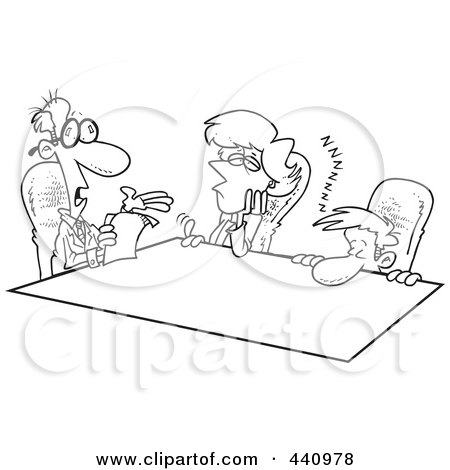 Royalty-Free (RF) Clip Art Illustration of a Cartoon Black And White Outline Design Of Bored Employees At A Meeting by toonaday