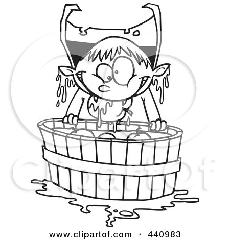 Royalty-Free (RF) Clip Art Illustration of a Cartoon Black And White Outline Design Of A Vampire Bobbing For Apples by toonaday