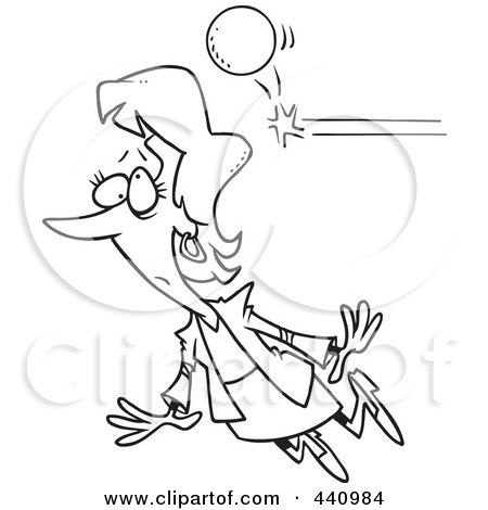 Royalty-Free (RF) Clip Art Illustration of a Cartoon Black And White Outline Design Of A Ball Knocking Out A Businesswoman by toonaday