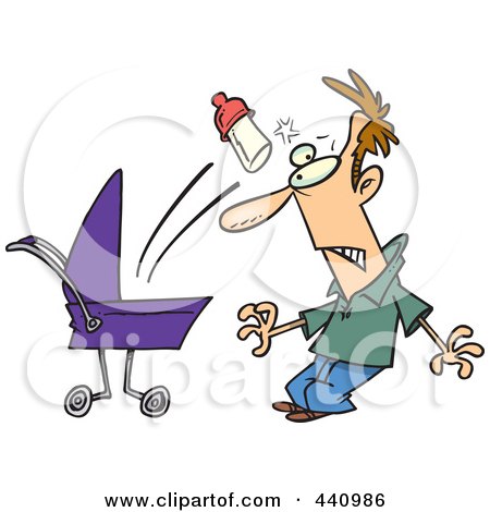 Royalty-Free (RF) Clip Art Illustration of a Cartoon Baby Throwing A Bottle At Its Father by toonaday
