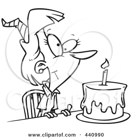 Royalty-Free (RF) Clip Art Illustration of a Cartoon Black And White Outline Design Of A Birthday Woman With A Cake by toonaday