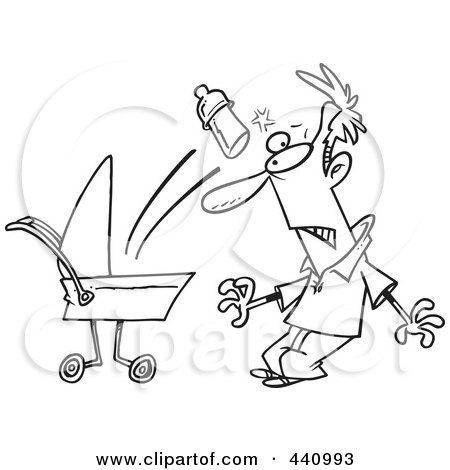 Royalty-Free (RF) Clip Art Illustration of a Cartoon Black And White Outline Design Of A Baby Throwing A Bottle At Its Father by toonaday