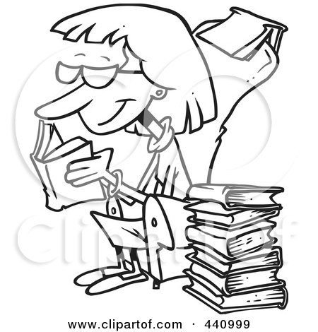 Royalty-Free (RF) Clip Art Illustration of a Cartoon Black And White Outline Design Of A Senior Woman Reading Books by toonaday