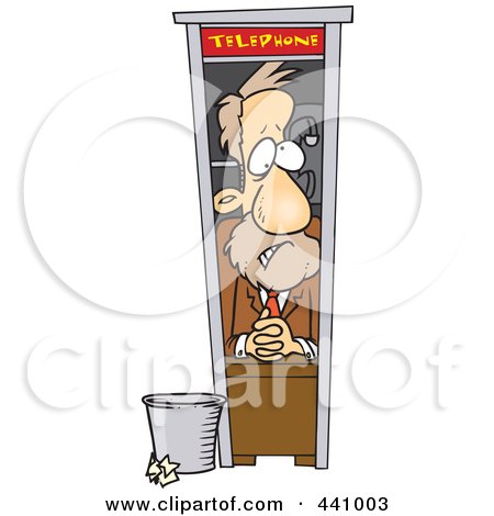 Royalty-Free (RF) Clip Art Illustration of a Cartoon Businessman Working In A Tiny Telephone Booth by toonaday
