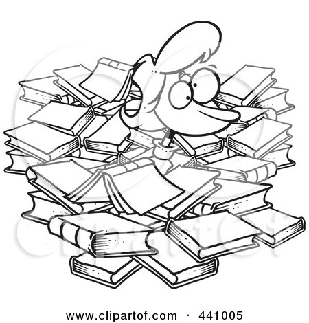 Royalty-Free (RF) Clip Art Illustration of a Cartoon Black And White Outline Design Of A Woman Buried In Books by toonaday