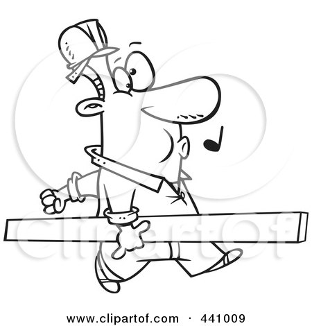 Royalty-Free (RF) Clip Art Illustration of a Cartoon Black And White Outline Design Of A Carpenter Whistling And Carrying A Board by toonaday