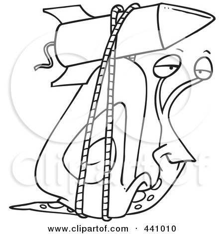 Royalty-Free (RF) Clip Art Illustration of a Cartoon Black And White Outline Design Of A Snail With A Rocket Boost Strapped On His Shell by toonaday