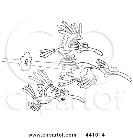 Royalty-Free (RF) Clip Art Illustration of a Cartoon Black And White Outline Design Of A Group Of Fast Birds by toonaday